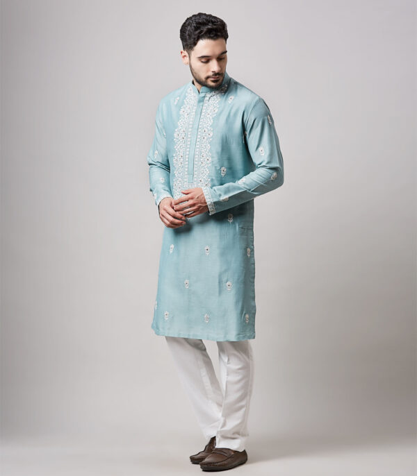 BLUE SOY SILK MIRROR WORK KURTA SET - Image 4