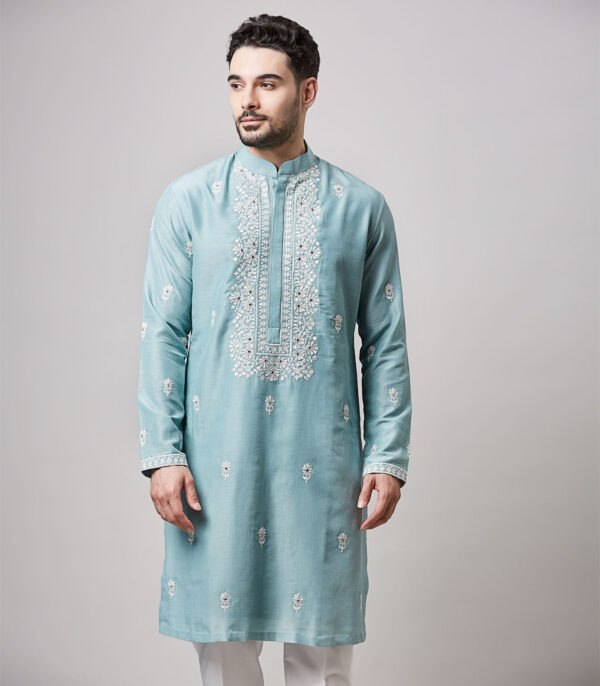 BLUE SOY SILK MIRROR WORK KURTA SET - Image 2