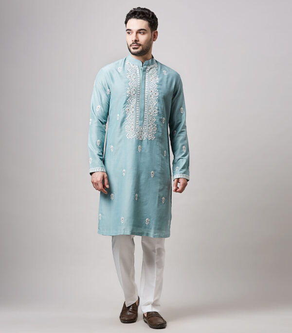 BLUE SOY SILK MIRROR WORK KURTA SET