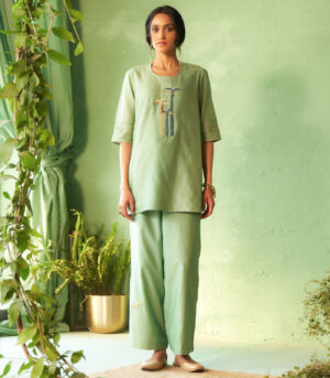 Coord set with palm trees embroidery on placket