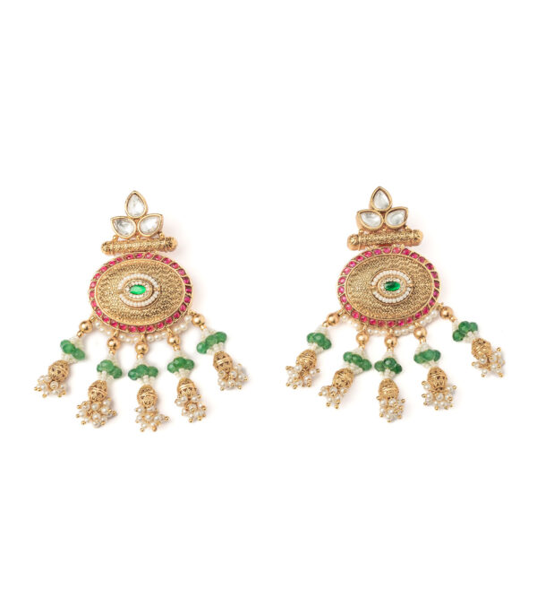 Gold Plated Green Womens Pair of Chandbali Earrings - Image 2