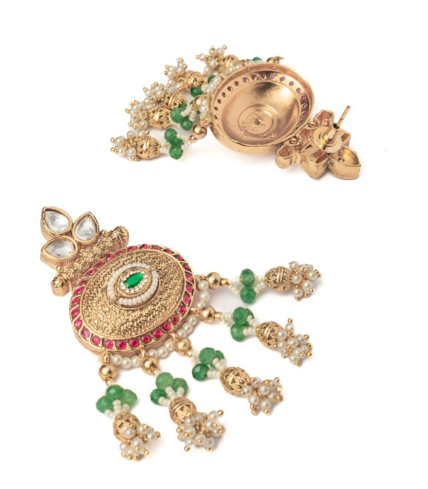 Gold Plated Green Womens Pair of Chandbali Earrings - Image 3