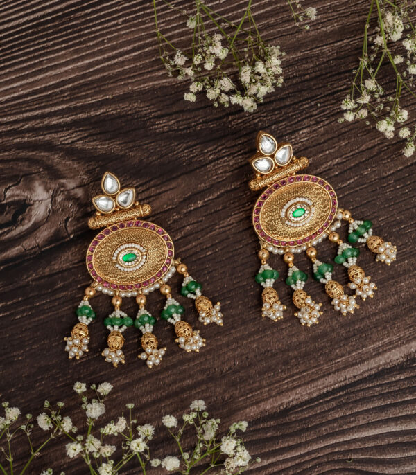 Gold Plated Green Womens Pair of Chandbali Earrings