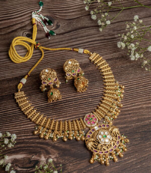 Gold Plated Short Necklace Set with Pair of Earrings