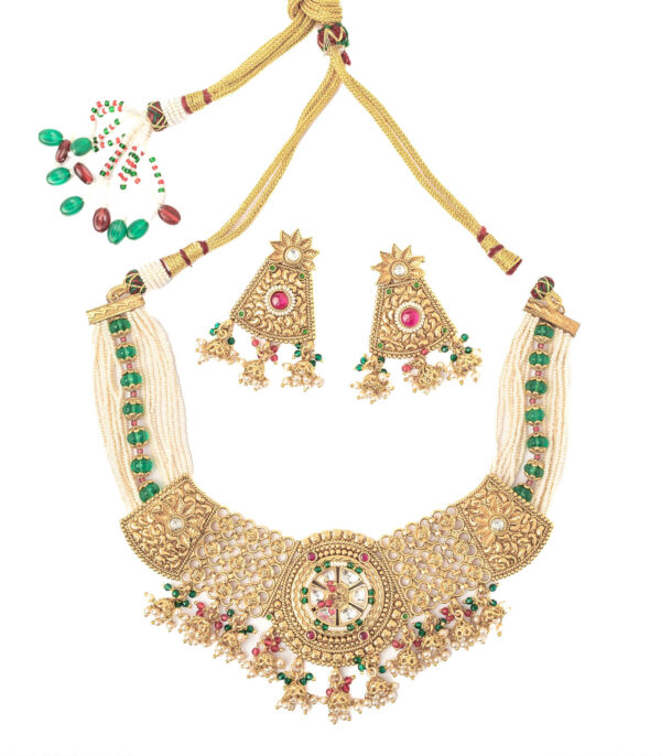 Gold Plated Green Choker Necklace Set with Pair of Earrings - Image 2