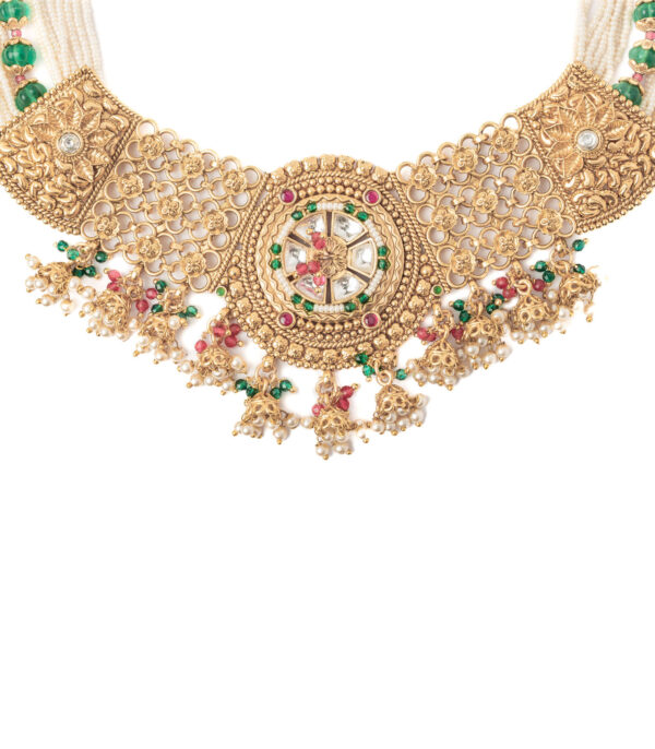 Gold Plated Green Choker Necklace Set with Pair of Earrings - Image 3