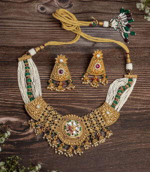 Gold Plated Green Choker Necklace Set with Pair of Earrings