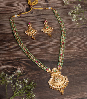 Green Long Necklace Set with Pair of Earrings