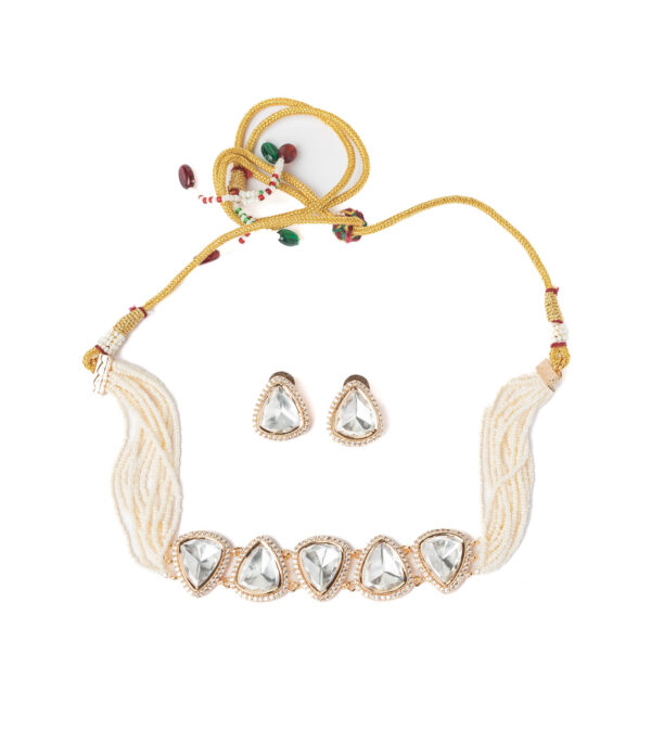 Gold Plated White Choker Necklace Set with Pair of Earrings - Image 2