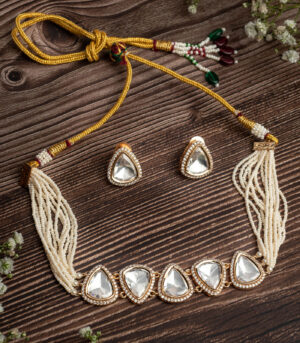 Gold Plated White Choker Necklace Set with Pair of Earrings