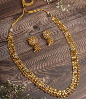 Gold Plated Long Necklace Set with Pair of Earrings