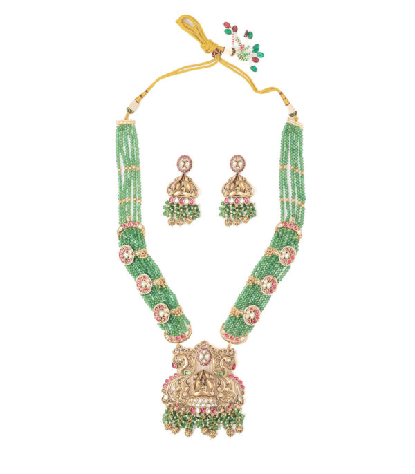 Gold Plated Green Long Necklace Set with Pair of Earrings - Image 2