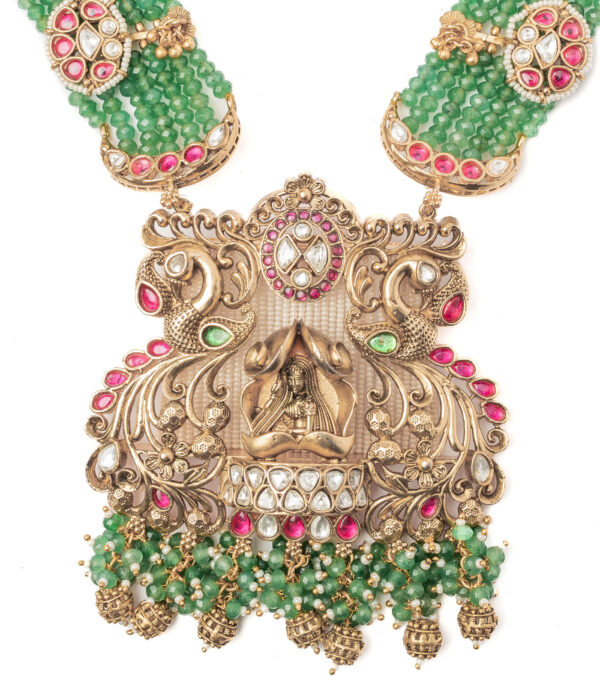 Gold Plated Green Long Necklace Set with Pair of Earrings - Image 3