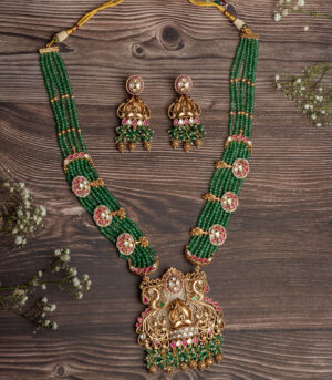 Gold Plated Green Long Necklace Set with Pair of Earrings
