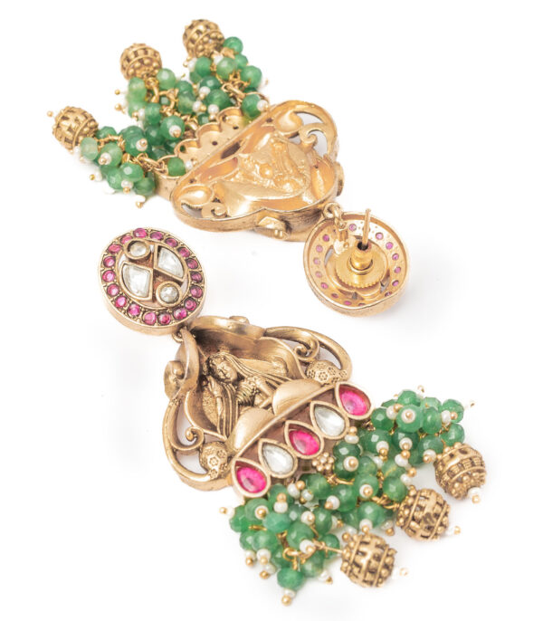 Gold Plated Green Long Necklace Set with Pair of Earrings - Image 4