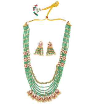 Gold Plated Green Long Necklace Set with Pair of Earrings