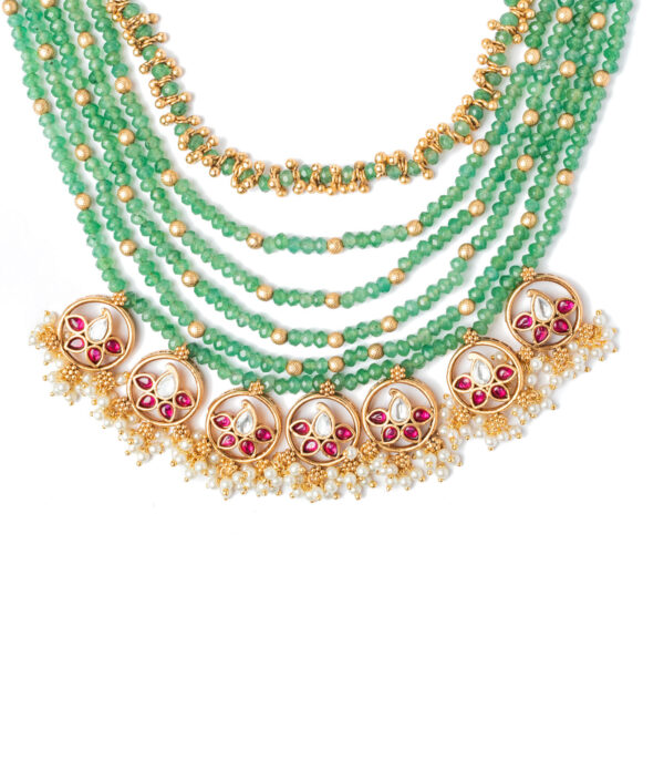 Gold Plated Green Long Necklace Set with Pair of Earrings - Image 2