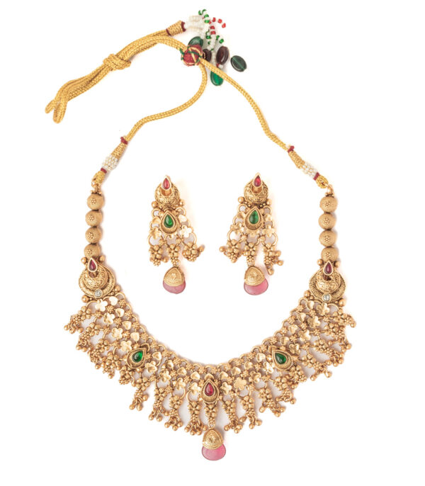 Gold Plated Multicolored Short Necklace Set with Pair of Earrings - Image 2