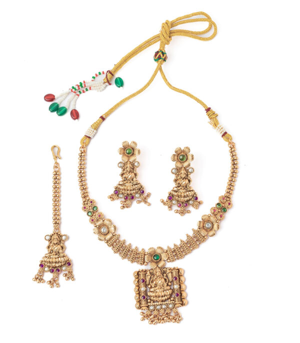 Gold Plated Short Necklace Set with Maangtikka & Pair of Earrings - Image 2