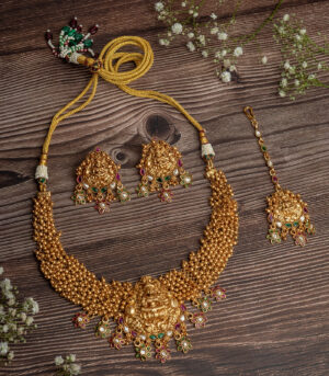 Gold Plated Choker Necklace Set with Maangtikka & Pair of Earrings