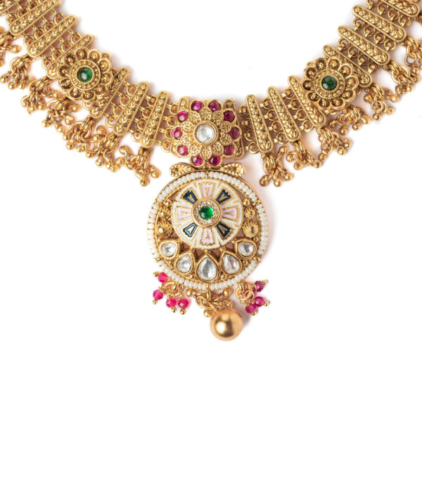 Gold Plated Multicolored Short Necklace Set with Pair of Earrings - Image 3
