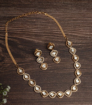 Gold Plated Diamond Short Necklace Set with Pair of Earrings