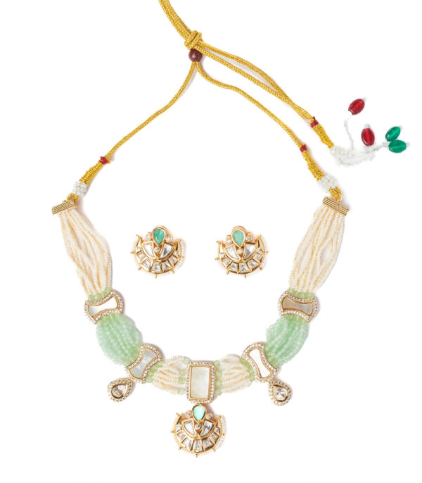 Gold Plated Green Choker Necklace Set with Pair of Earrings - Image 2