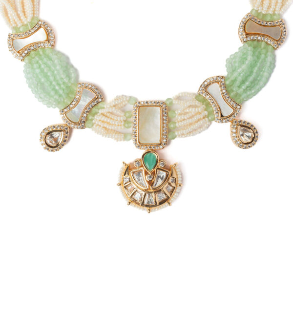 Gold Plated Green Choker Necklace Set with Pair of Earrings - Image 3