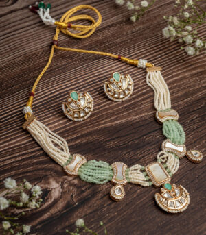 Gold Plated Green Choker Necklace Set with Pair of Earrings