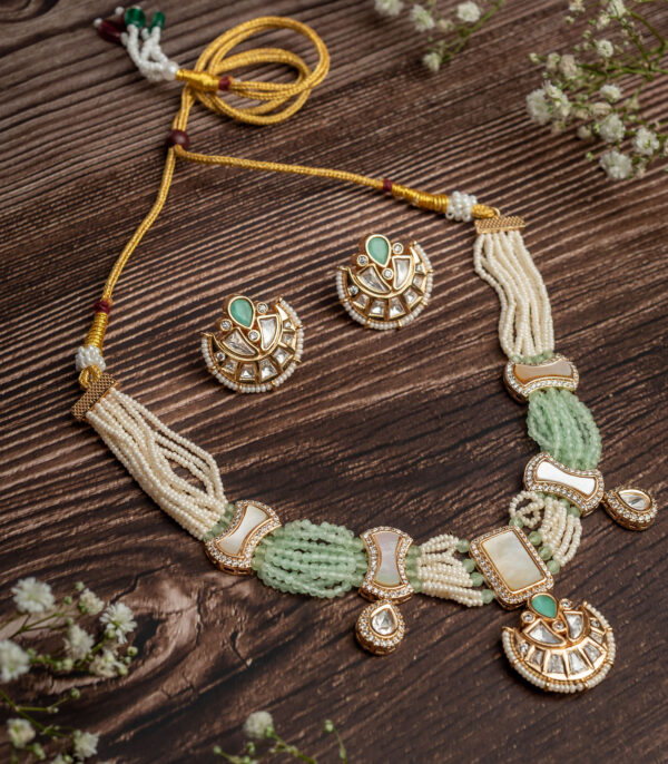 Gold Plated Green Choker Necklace Set with Pair of Earrings