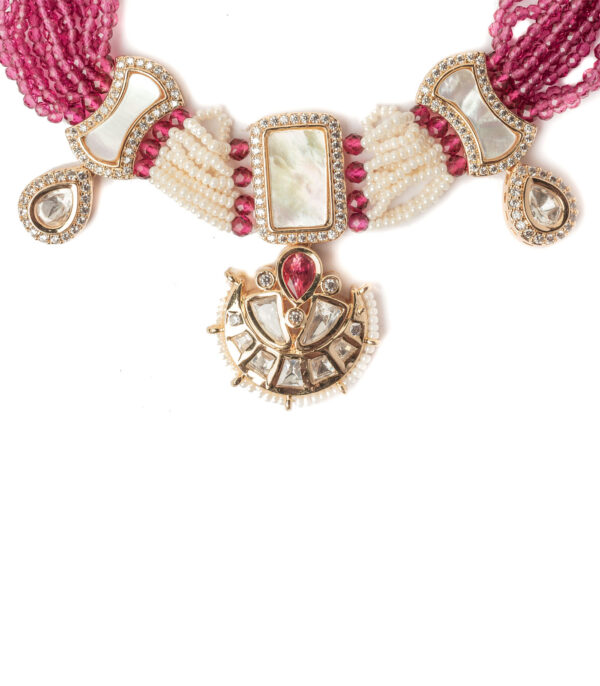 Gold Plated Pink Choker Necklace Set with Pair of Earrings - Image 3