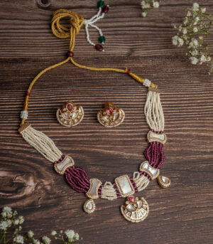 Gold Plated Pink Choker Necklace Set with Pair of Earrings