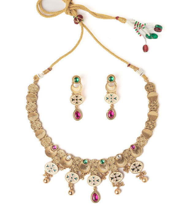 Gold Plated Multicolored Choker Necklace Set with Pair of Earrings - Image 2