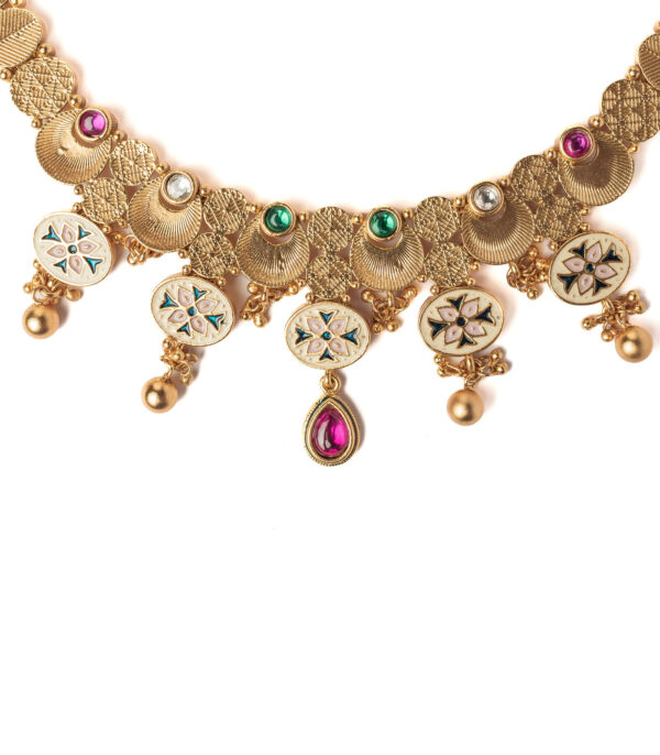 Gold Plated Multicolored Choker Necklace Set with Pair of Earrings - Image 3