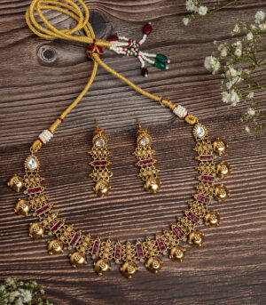 Gold Plated Pink Choker Necklace Set with Pair of Earrings