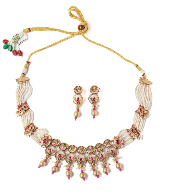 Gold Plated Pink Plated Choker Necklace Set with Pair of Earrings - Image 2