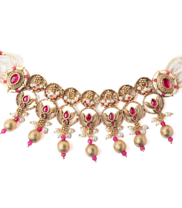 Gold Plated Pink Plated Choker Necklace Set with Pair of Earrings - Image 3