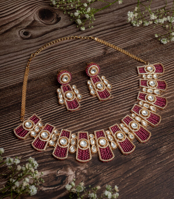Gold Plated Pink Choker Necklace Set with Pair of Earrings