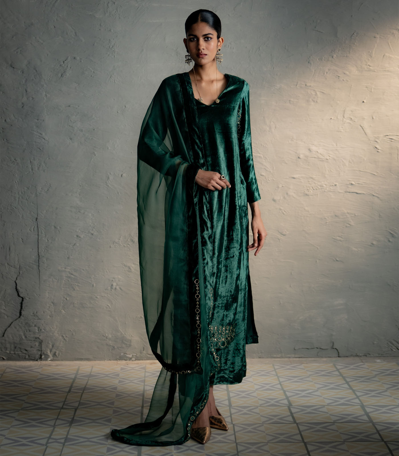 Velvet Green Kurta Set