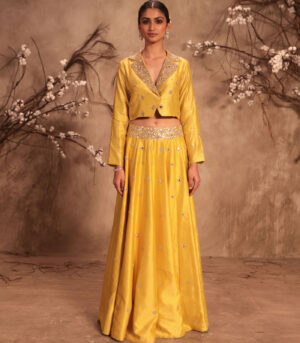 Nazakat Yellow Heavy Jacket Style Lehenga Set