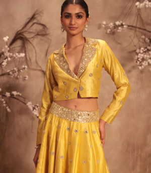 Nazakat Yellow Heavy Jacket Style Lehenga Set