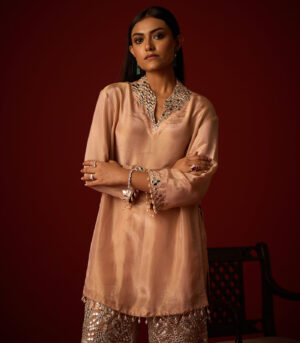 Tissue Mirror Work Hi Neck Tunic