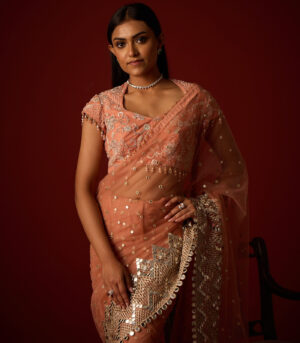 Net Mirrorwork Embellished Saree With Mirrorwork Beadwork Blouse