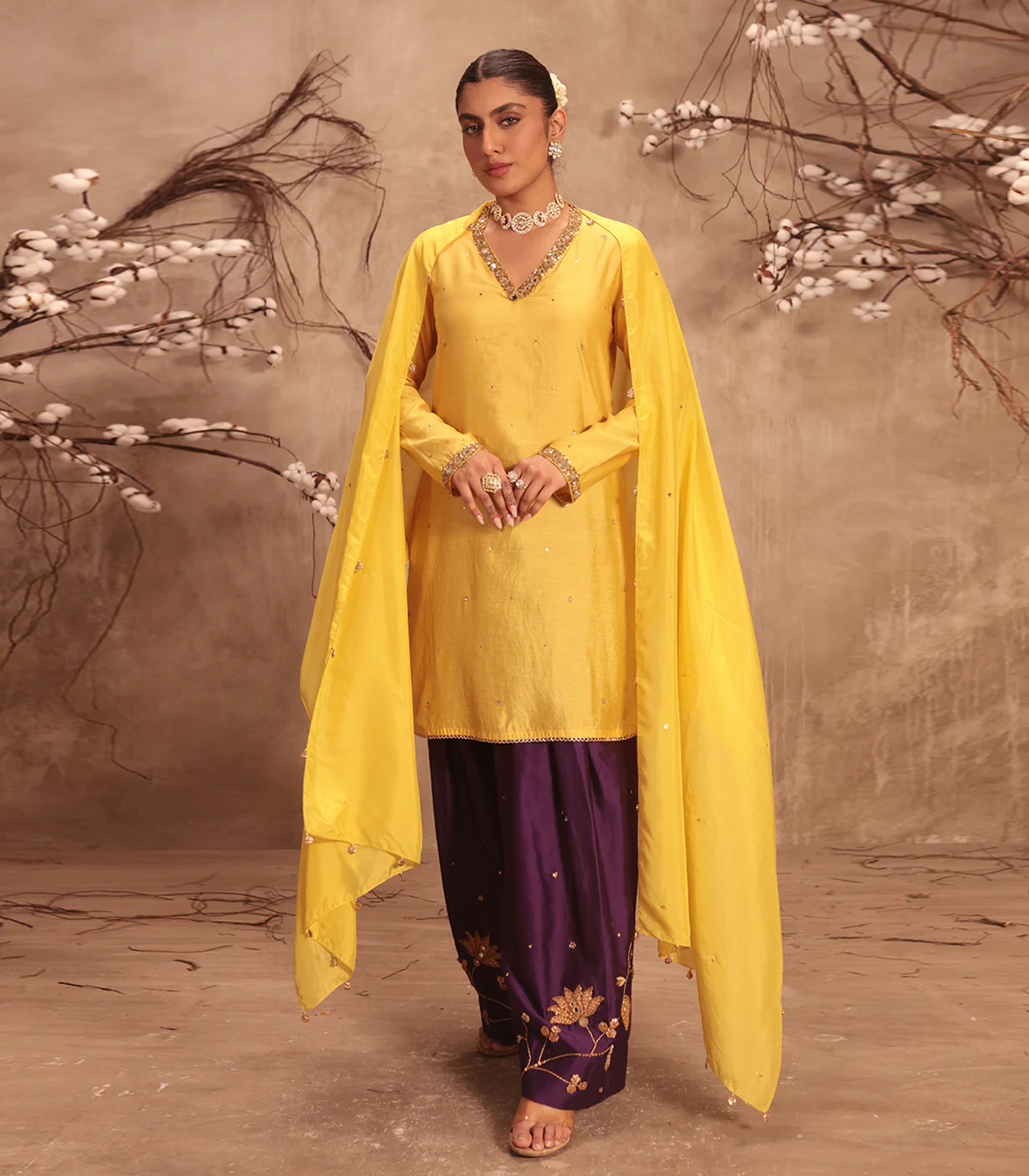 Nazakat Yellow Jaal Kurta Set