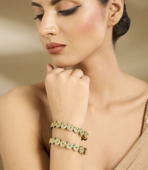 Gold-Toned Green Stone & Pearl Embellished Bangles