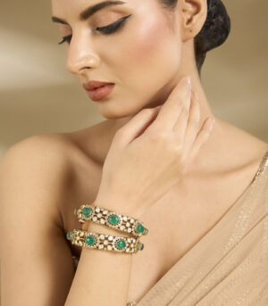 Green Stone & Polki Gold-Tone Bangle Set