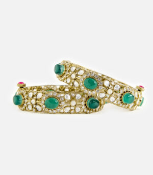 Green Stone & Polki Gold-Tone Bangle Set