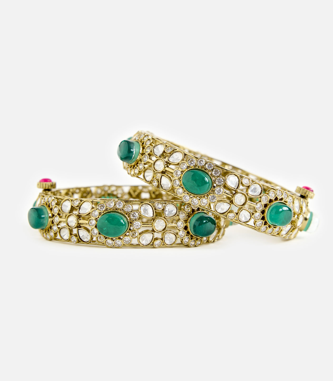 Green Stone & Polki Gold-Tone Bangle Set