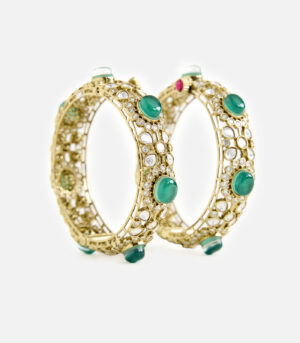 Green Stone & Polki Gold-Tone Bangle Set