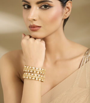Triple Row Polki Stone Gold-Tone Bangle Set